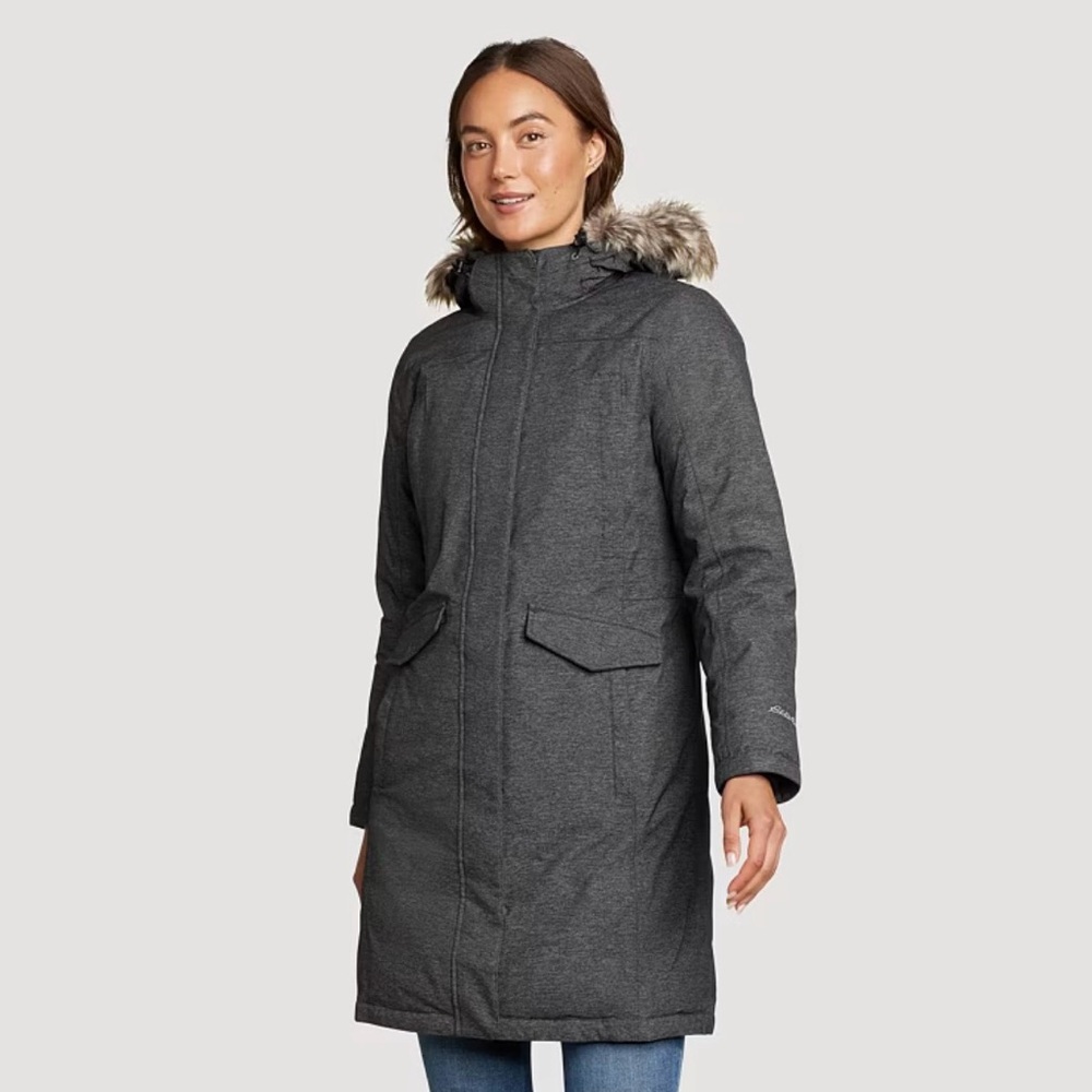 Eddie Bauer Women's Dark Gray Superior Down Waterproof Hooded Stadium Coat